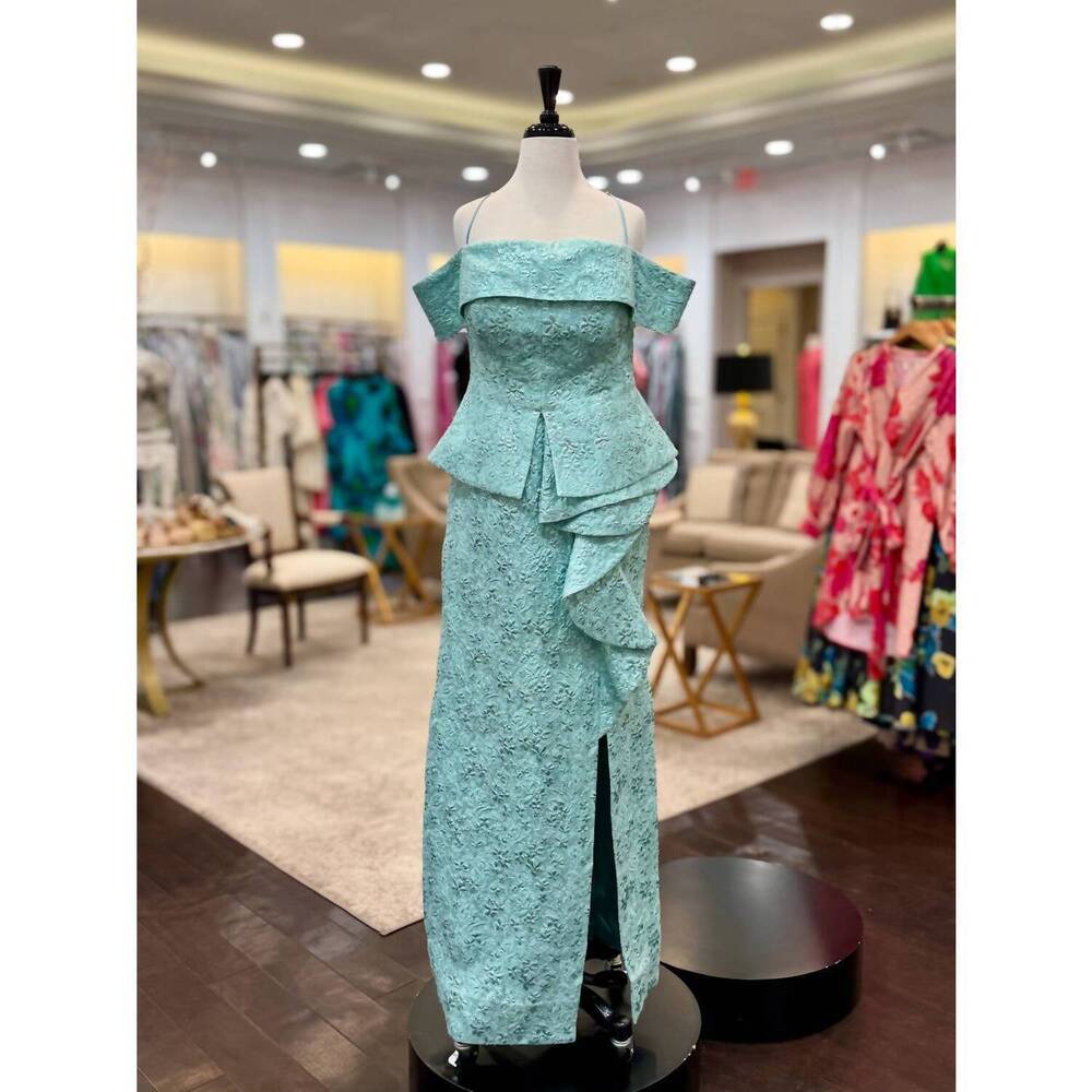 NEW JOHN PAUL ATAKER women's off shoulder cascade evening gown in mint